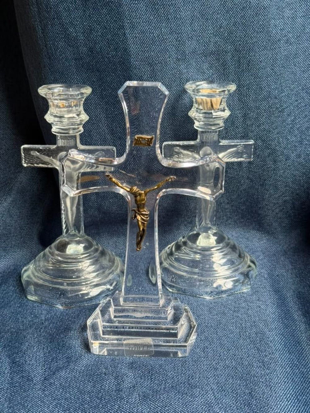 Towle Poland 24% Lead Crystal Crucifix 8" Candlesticks Set 1990